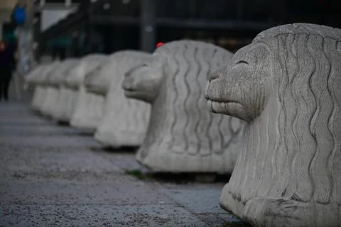 Guardian lions on Citizen Square in Södermalm. Stock Photos