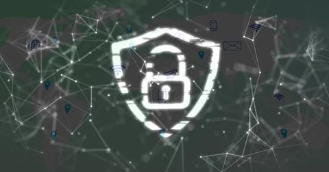 Guarding glowing shield with padlock protecting digital world map, with network イラスト素材