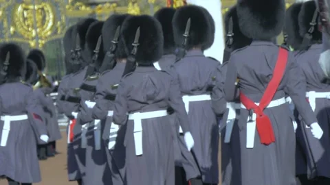 Guards Marching at Buckingham Palace in London Stock Footage 154013975