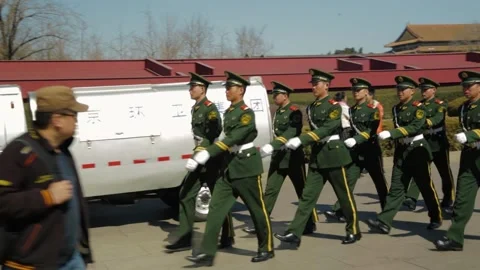 Guards Marching in Formation Past Vehicles at Tiananmen Square, Beijing, China Stock Footage 345688277