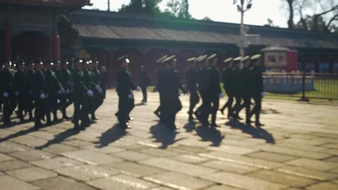 Guards Marching in Formation Through Courtyard at Forbidden City, Beijing, China Stock Footage 345831009