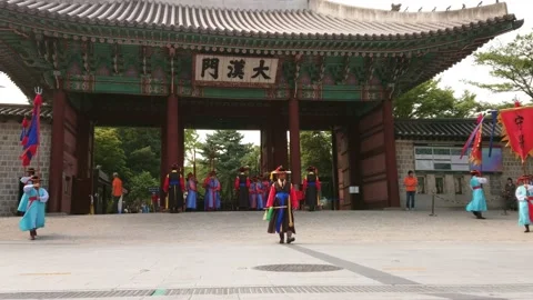 Guards performing Royal Guard-Changing Ceremony at Deoksugung Palace Stock Footage 164515943