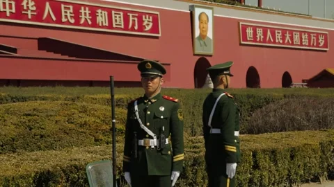 Guards Standing on Duty at Tiananmen Square in Beijing, China Stock Footage 345688300