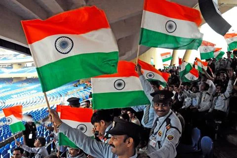 Guards waving Indian flag at D Y Patil cricket stadium ; Nerul ; Navi Mumb... Stock Photos