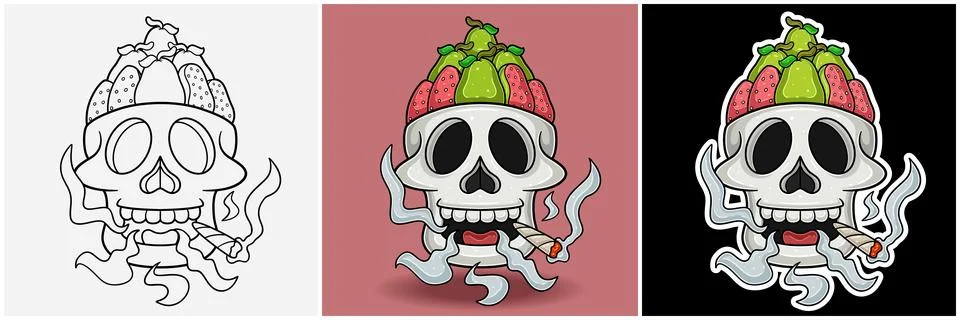 Guava Fruit Inside Skull Head With Smoking Character Cartoon. Black White, .. Stock Illustration