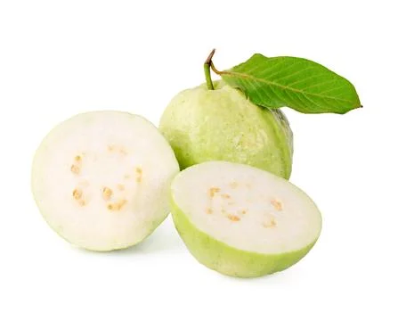 Guava fruit with leaf isolated on white background Foto stock