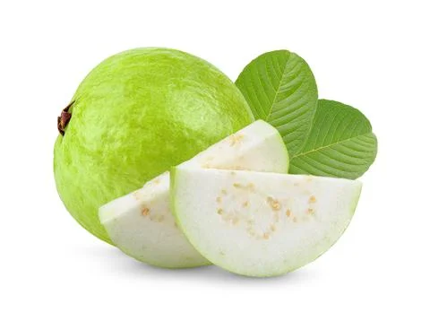 Guava fruit with leaf on white background Stock Photos