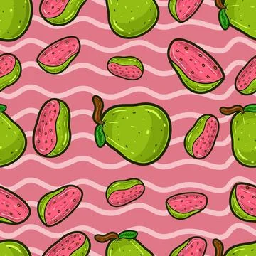 Guava Fruit Seamless Pattern in Cartoon Style. Perfect For Background, Back.. Stock Illustration