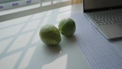 Guava laptop on white table Stock Footage 293516528