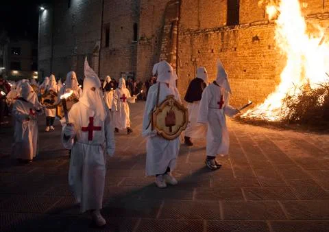 Gubbio, Italy, the traditional procession of Friday of Easter week Stock Photos