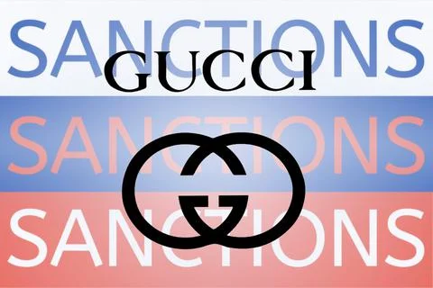 Gucci logo in front of the sanction text on the Russian flag. Fresh sanctions Stock Illustration