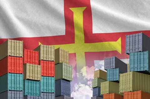 Guernsey flag and big stack of shipping cargo containers in docks with sky Stock Illustration