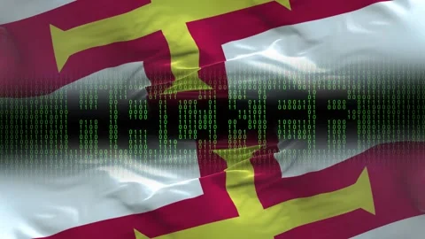 Guernsey flag - Waving flag on matrix binary code background Stock Footage 321420035