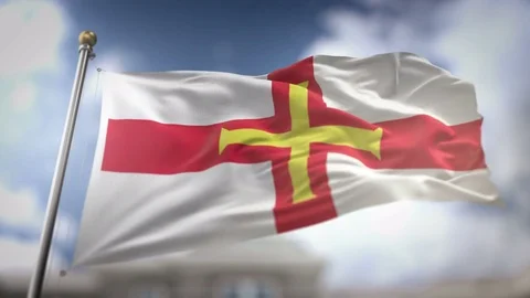Guernsey Flag Waving Slow Motion 3D Rendering Blue Sky Background - Seamles.. Stock Footage 75283034