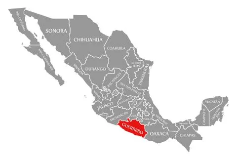 Guerrero red highlighted in map of Mexico Illustrazione stock