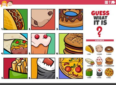 Guess cartoon food objects educational game for children Illustrazione stock