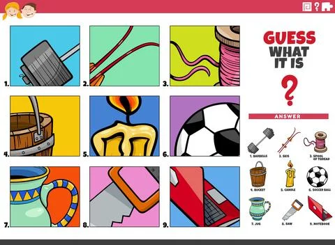 Guess the objects cartoon educational activity Illustrazione stock