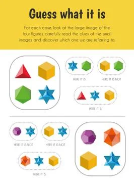 Guess what it is Educational Sheet. Primary module for Logic Reasoning. 5-6 y Illustrazione stock