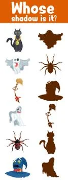 Guess where whose shadow halloween monsters flat Stock Illustration