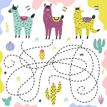 Guess which llama gets to the cactus. Maze game with funny alpacas for kids Stock Illustration