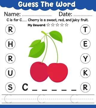 Guess The Word Cherry Worksheet Tracing Alphabet C Handwriting Practice Wit.. Stock Illustration