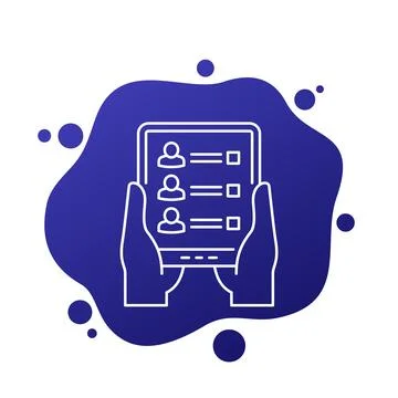 Guest list icon with tablet in hands, line vector Stock Illustration