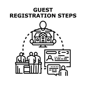 Guest registration steps completing event booking process Stock Illustration