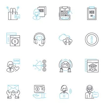 Guest services linear icons set. Welcome, Hospitality, Reception, Assistance Stock Illustration