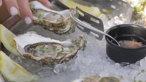 The guest takes a snack - shellfish on ice Stock Footage 252829640