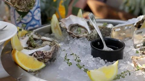 The guest takes a snack - shellfish on ice Stock Footage 252830344