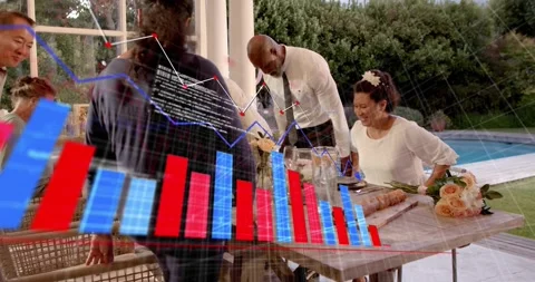 Guests arriving  and  pulling chairs hosting event while animated bars  and  Stock Footage 322203228