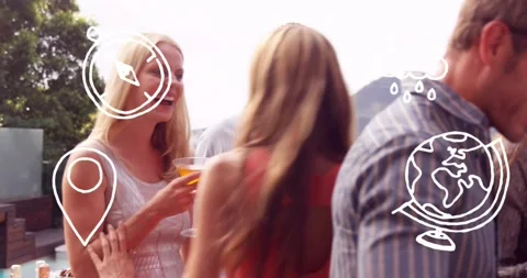 Guests arriving poolside, greeting while map icons floating, blonde woman Stock Footage 330936342