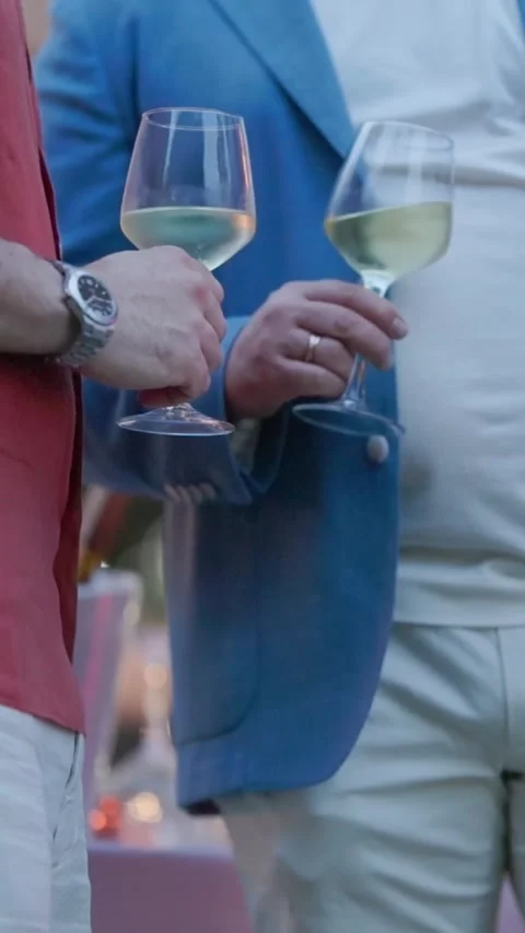 Guests chatting and holding wine glasses at an evening event Stock Footage 327806041