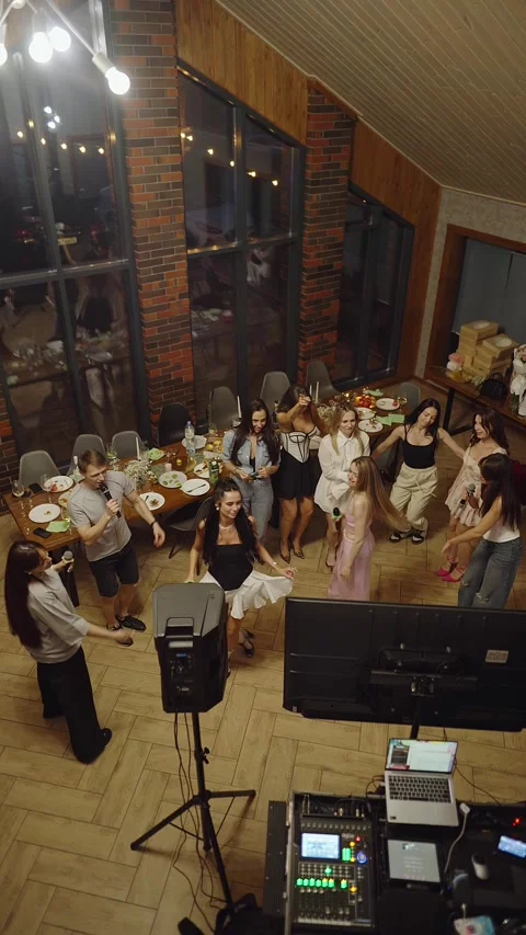 Guests dance and sing at the Ferienpark Hotel. Stock Footage 331645712