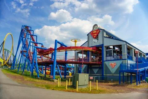 Guests having fun at Superman roller coaster in Six Flags Great Adventure. Ja Stock Photos