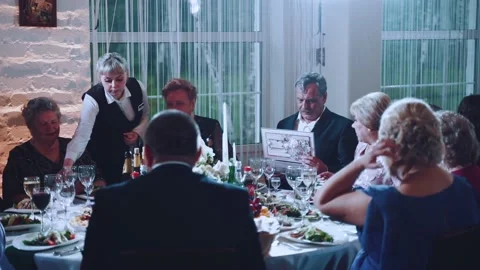 Guests at the wedding banquet table Stock Footage 197530375