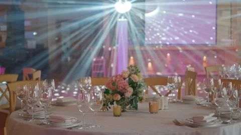 The guests wedding table with disco ball light Stock Footage 146243376