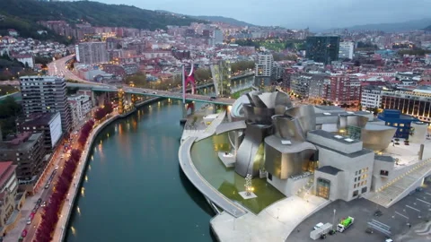 Guggenheim Bilbao Museum, Spain. Drone shot at the sunrise. Stock Footage
