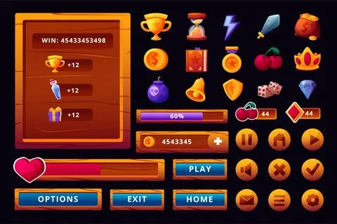 GUI app elements. Mobile interface. Fantasy game collection. Metal or silve.. Stock Illustration