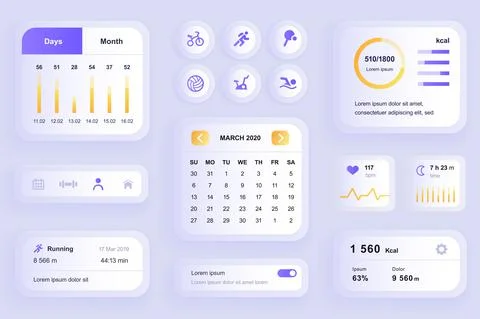 GUI elements for fitness workout mobile app. Fitness activity planner with Illustrazione stock