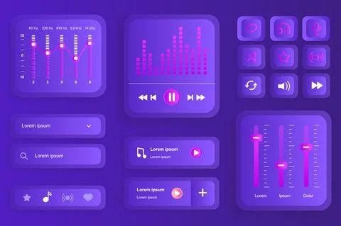 GUI elements for music player mobile app. Audio equalizer settings, playlist 스톡 일러스트