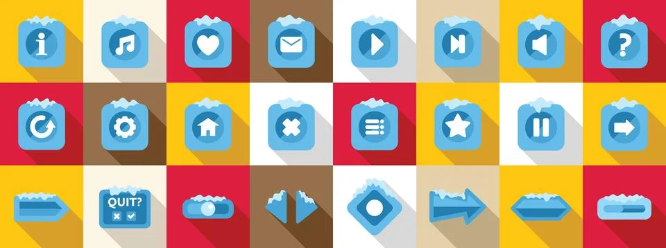 Gui elements snow icons set. Set of game buttons covered with snow represen.. Stock Illustration