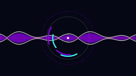 GUI futuristic screen audio spectrum waveform with circular HUD interface on Stock Footage 346506511