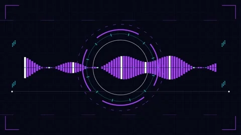 GUI futuristic screen with digital audio waveform and circular HUD interface Stock Footage 345588355