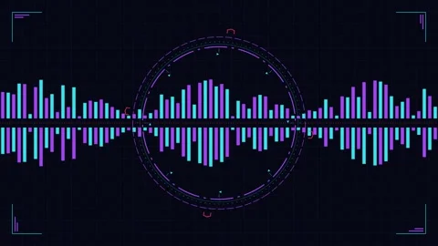GUI futuristic screen neon digital audio spectrum bars and circular interface Stock Footage 345588322