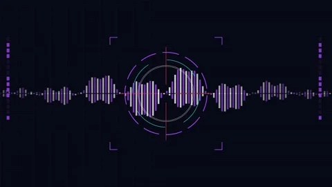 GUI futuristic screen with purple digital audio waveform and HUD interface Stock Footage 346506519