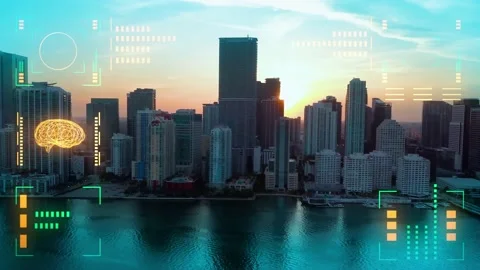 GUI Graphical User Interface HUD on sunset city background - 3D render Stock Footage 143209679