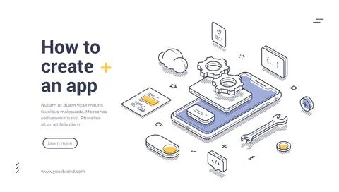 Guide to create an app with isometric design in a web banner template Illustrazione stock