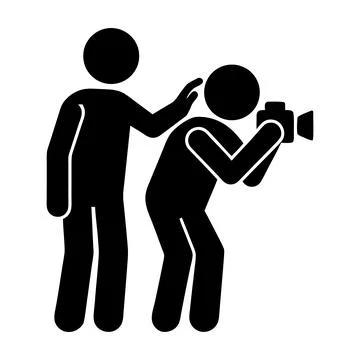 Guide helping photographer with camera positioning silhouette icon Stock Illustration