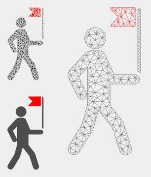 Guide Man with Flag Vector Mesh 2D Model and Triangle Mosaic Icon Stock Illustration